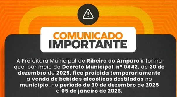 Ribeira do Amparo proíbe comercialização de bebidas destiladas 