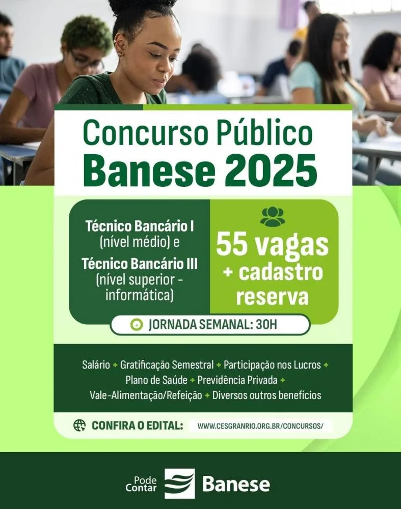 BANESE LANÇA EDITAL DE CONCURSO PÚBLICO PARA PREECHER 55 VAGAS IMEDIATAS