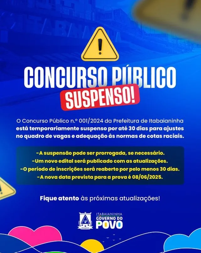 PREFEITURA DE ITABAIANINHA SUSPENDE POR UM MÊS OS DOIS EDITAIS DE CONCURSO PÚBLICO